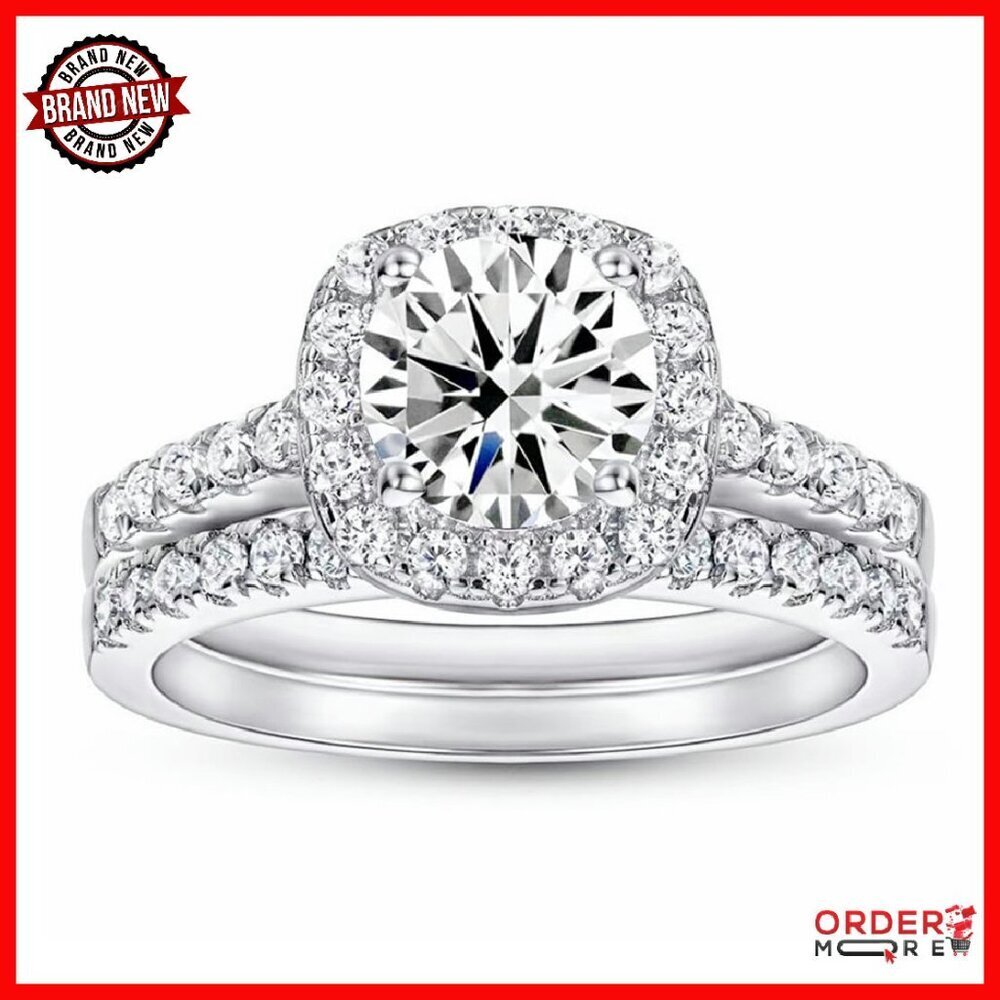 Platinum Plated Silver Moissanite Bridal Set Ring Size 8.5